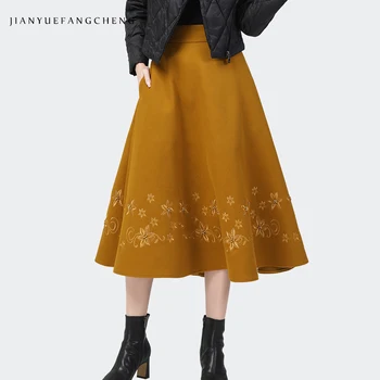 Podzim Zima Ženy Vlněné Sukně Mid-Délka Žlutá Výšivka Střední Pasu A-Line Sukně Kapsy Elegantní 2021 Nové Dámské Kalhoty