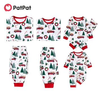 PatPat Vánoční Rodinné Odpovídající Celoplošný Vánoční Strom A Auto Print Dlouhý rukáv Pyžama Soupravy (ohnivzdorné)