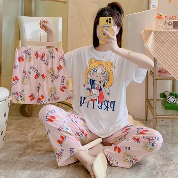 3ks Set Žen, Letní Pyžamo Krátký Rukáv oblečení na Spaní Volné Pyžamové Obleky Kawaii Dívky z Měsíce Print Ženy Pijama Mujer noční Prádlo