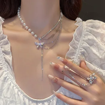 Elegantní Drahokamu Pearl Butterfly Náhrdelník pro Ženy korejské Nový Trend Multi-vrstva Pearl Klíční kost Řetěz Estetické Šperky Dárek