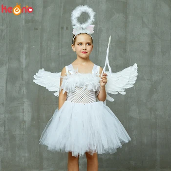 Anděl strážný Děti Halloween Kostým Bílé Pírko Anděla Dívky Tutu Šaty s Křídly A Halo Vánoční Betlém Gabriel Oblečení