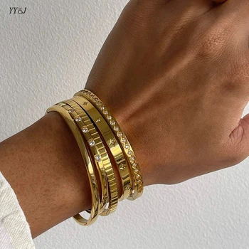 Cz kámen razit zlaté barevné náramky pro ženy z nerezové oceli, otevřené manžety náramky minimalistický elegantní šperky vodotěsné šperky