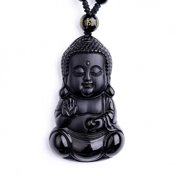 Černý Obsidián Dítě Buddha Náhrdelník S Přívěskem Buddhismus Buddha Jade Přívěsek Štěstí, Přívěsky S Řetízkem Jade Šperky