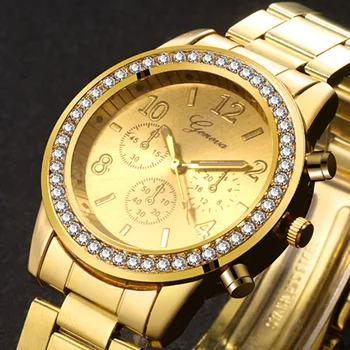 Nové Hodinky Ženy Classic Ženevské Luxusní Dámské Hodinky Ženy Plné Oceli Crystal Relogio Feminino Reloj Mujer Kovové Náramkové Hodinky