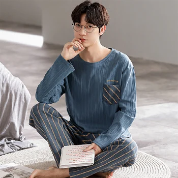 Na jaře a na podzim česaná bavlna pánské pyžamo s dlouhým rukávem korejské verze kostkované pyžamo, kluci, domácí oblečení velké velikosti, 2-dílná sada