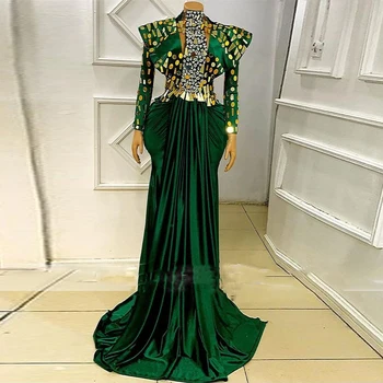 Vlastní Zelená Mořská panna Večerní Šaty s Rukávem Abiye Jiskřit, Flitry Crystal Elegantní Party Šaty Plus Velikosti Vestidos Formales