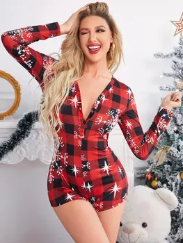 Nové Ženy, Vánoční Vytištěný Vzorek Pyžama V-Neck Dlouhý Rukáv Bodycon Dupačky Měkké A Pohodlné Domácí Oblečení Hot Prodej S-2XL