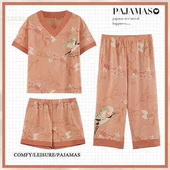 Letní 3 Ks Sady Elegantní Krátká noční úbory Fair Jeřáb Ženské oblečení na Spaní dámská Pyžama Pyžama Volné Pohodlí Domova Pijama Mujer