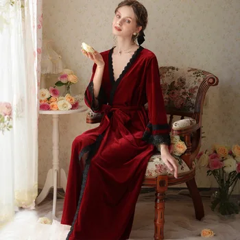 2022 Nový Francouzský Dlouhé Šaty Ženy, Sexy Krajky Kimono Župany Šaty Luxusní Velurové Spaní S Opaskem Casual Žena Doma Nosit Na Podzim