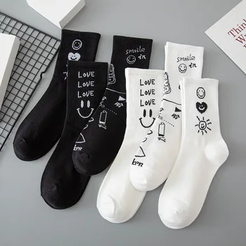 Smiley Tisk Měkké Pánské Dámské Ponožky Bavlněné Harajuku Graffiti Pohodlné Skateboard Fashion na Vysoké Vtipné Punčochy