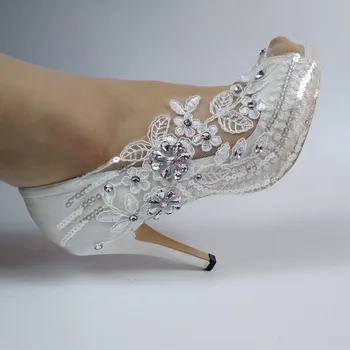 2020 Nové Příjezdu Peep Toe Crystal boty ženy Bílá Květina Svatební Svatební boty Kotník Popruh Krajka-Up Vysoké boty sladké party boty