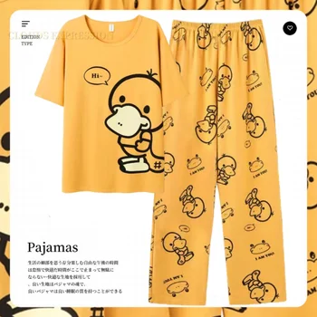 Letní dvoudílná Pyžama Karikatura Kachny Printting-Krátký rukáv Pánské Pjamas Sad Dlouhé Kalhoty Spát Lounge Soupravy Pyžama oblečení pro volný čas