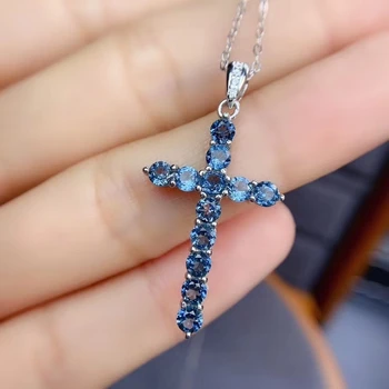 kříž náhrdelník přírodní modrý topaz drahokam náhrdelník pro ženy šperky 925 sterling silver, přírodní drahokam, dárek k narozeninám kámen