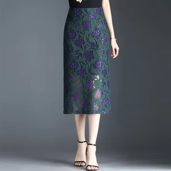 Květinové krajky Bodycon Sukně pro Ženy 2021 Letní Elegantní Módní Vysokým Pasem Slim Casual Mid-dlouhé Tužka Sukně