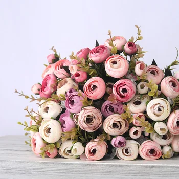 Evropské Vintage Umělé Hedvábí Čajové Růže Květiny 6 hlava 4 Malé poupě, Kytice Svatební Domácí Retro Falešné Květina Party DIY Dekorace