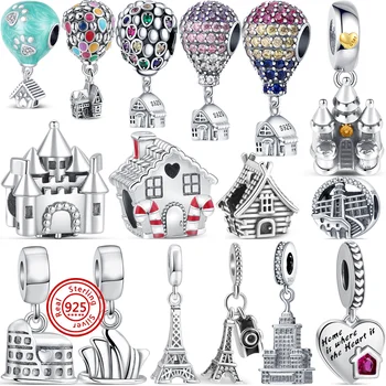 925 Sterling Silver Horký Vzduch Balón, Dům, Hrad, Železná Věž Budovy Korálky Fit Originální Pandora Charms Náramek Jemné Šperky DIY