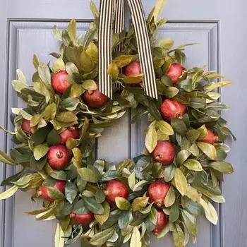 45cm Podzimní Věnec Umělé Zelené Rostliny granátové jablko Ovoce Dveří Visí Věnec Díkůvzdání Vánoční Dekorace