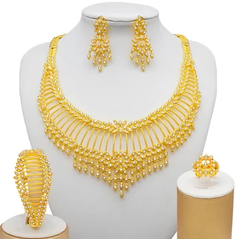 Svatba Zlatá Barva Náhrdelník Náušnice Náramek Ring Set Dámské Luxusní Dubaj Šperky Klasické Oslavu Výročí Náušnice Sada