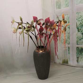 3 vidličky Paphiopedilum Umělé Hedvábí květina Kapsa Orchidej Falešné Květina Pro Domácí Zahrady, Hotel Dekorace Květinové Aranžmá