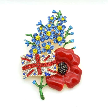 UK Jack Vlajka Červený Mák Brož s Zapomeň na Mě Není Květina Velké Crystal Pin