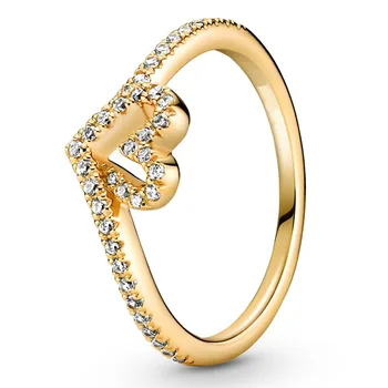 Autentické 925 Sterling Silver Gold Nadčasové Přání Šumivé Srdce Ring Pro Ženy Svatební Party Evropě Módní Šperky