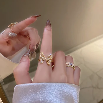 Český Zlaté Barvy Motýla Otevřené Kroužky Sada Pro Ženy Módní Lesklé Crystal Geometrické Koleno Prst Prsten Šperky Nastavitelný