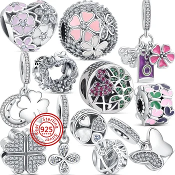 925 Stříbro 2022 Nové Fialové Růžové Motýl Květ Srdce Módní Korálky Fit Originální Pandora Charms Náramek pro Ženy, Šperky DIY Dárek