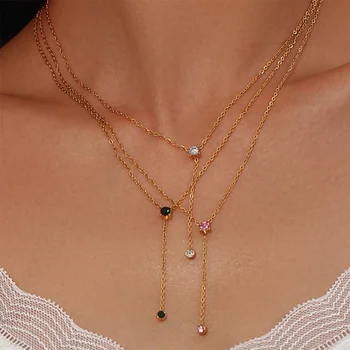 Elegantní Minimalistický Barevné Zirkony ve tvaru Y Klíční kosti Náhrdelníky pro Ženy 18K Pozlacené Vodotěsné Tranish Zdarma Šperky