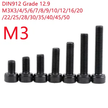 20/50ks allen hlavou DIN912 M3 3mm do 100mm Třídy 12.9 oceli s černým hex socket víčko šroub s hlavou