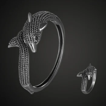 Zlxgirl Stříbro a jet barva dolphin náramek s prsten šperky sady pro ženy kov zirkon mědi svatební náramek náramek bijoux