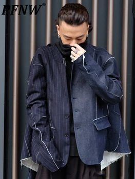 PFNW Darkwear Retro Khaki Pruhované Vlněné Slim Japonský A korejský Styl Ležérní Nika Chic Příliv Oblek Avantgardní Kabáty 12A4638