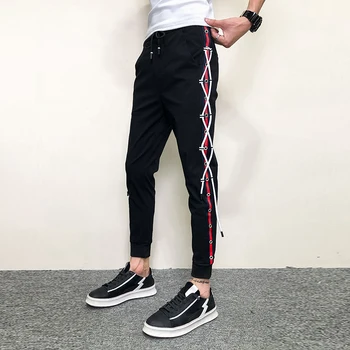 Korejský Letní Módní Boční Pásky Tenké Kalhoty Harém Muži Oblečení 2022 Jednoduché Kotník Délka Slim Fit Příležitostné Běžce Kalhoty Černé