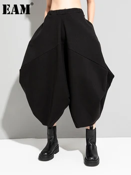 [EAM] Vysoký Elastický Pas Černé Nepravidelné Velké Velikosti Dlouhé Kalhoty Nové Loose Fit Kalhoty Ženy Módní Jaro Podzim roku 2023 1DE4266