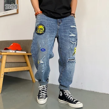 2022 Módní Streetwear Ležérní Džínové Kalhoty Harajuku Odznaky Roztrhané Džíny Trendyol Volné Rovné Kalhoty Muži Oblečení