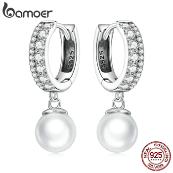 Bamoer 925 Sterling Silver Kvalitní Shell Pearl Drop Náušnice Zářící CZ Ucha Přezky pro Ženy Jemné Šperky Zásnubní Dar