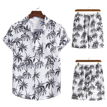 Pánský Oblek Kokosový Tisk Krátký Rukáv Havajském Stylu Košile + Šortky dvoudílný Letní Pohodlné Dovolené Ošacení