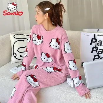 Kawaii Hello Kitty Ženy Pyžamo Sanrio Podzim Zimní Oblečení Zahušťování Teplý Oblek Vlněný Fleece, Měkké Oblečení Top Sada 2 Ks