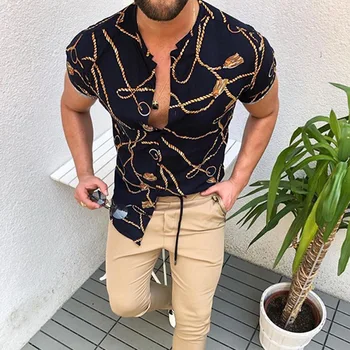Módní Národ Letní Styl Muži Tričko 3D Tisk Stand Límec Single-Breasted Krátký Rukáv Volné Havajské Henley Casual Košile