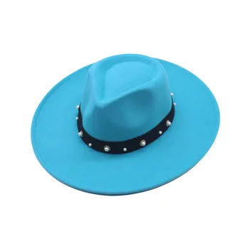 Dámské modré big-přetékal klobouk fedora s řetězce popruh vlněný klobouk pro podzim/zima nový styl jazz klobouk s konkávní-konvexní horní