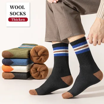 5Pairs/Lot Pánské Super Zahustit Vlněné Ponožky Podzim Zimní Teplé Zahuštěný Trend Uprostřed Trubice Ponožky Pruhované Barva Splice Snow Ponožky