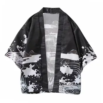 Pánské kimono Košile Vlna Dragon 3/4 Rukáv Otevřené Přední Kimono Yukata Svetr Kabát Košile vintage oblečení рубашка мужская