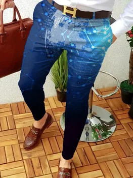 Nové pánské Britský Styl Modrý Gradient Vytištěno Dlouho Ležérní Kalhoty Street Nosit na Jaře Slim Mid Pasu Kalhoty Tužka Kalhoty S-3XL