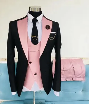 2022 Nejnovější design Classic Custom růžové s černým svatební oblek pro muže obleky slim fit ženicha nejlepší muž party tuxedo 3 ks Sako