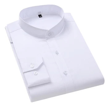 2021 Nové Podzimní Pánské Stand Límec Dlouhý Rukáv Košile Business Módní jednobarevné Bavlněné Slim Značky Bílá Košile Mužské Oblečení