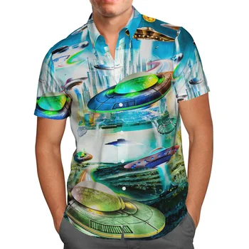 Cizinec UFO 3D Beach Hawaiian 2021 Letní Medvěd Anime Tričko Krátký Rukáv Tričko Streetwear Nadrozměrných 5XL Camisa Sociální Košilku Homme