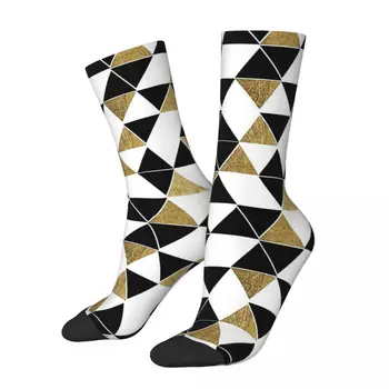 Šťastný Legrační Ponožky Pánské Moderní Černé A Bílé Umělé Zlaté Trojúhelníky Vintage Harajuku Geometrické Vzory Crew Ponožky Dárek Tisknout