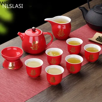 NLSLASI Keramické Červené Svatební čajový set Dárkový Porcelán Čínský čajový set Domů, porcelánové konvice Luxusní Dárek pro Nejlepšího Přítele 10 ks/set