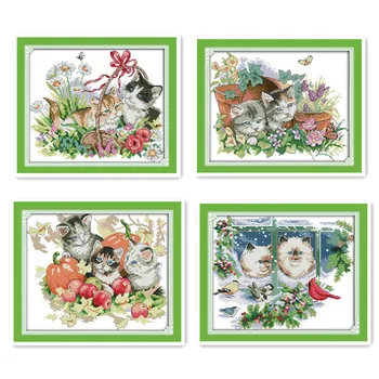 Cross stitch kit jaře a na podzim a zimní období roztomilé koťátko ručně vyráběné DIY tištěné tkaniny šití dekorativní výšivky