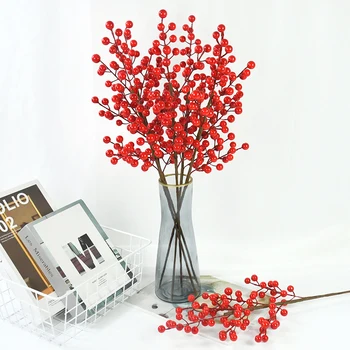 1/2ks Simulované Červené Holly Ovoce Větev Umělá Rostlina, Vánoční Večírek bytové Dekorace Falešný Berry Desktop Květiny Uspořádání