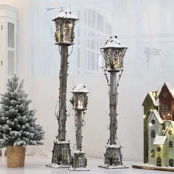 Vánoční retro Severském stylu dřevěný dům padající sníh pouliční lampa ozdoby nákupní centrum scéna dekorace LED maják